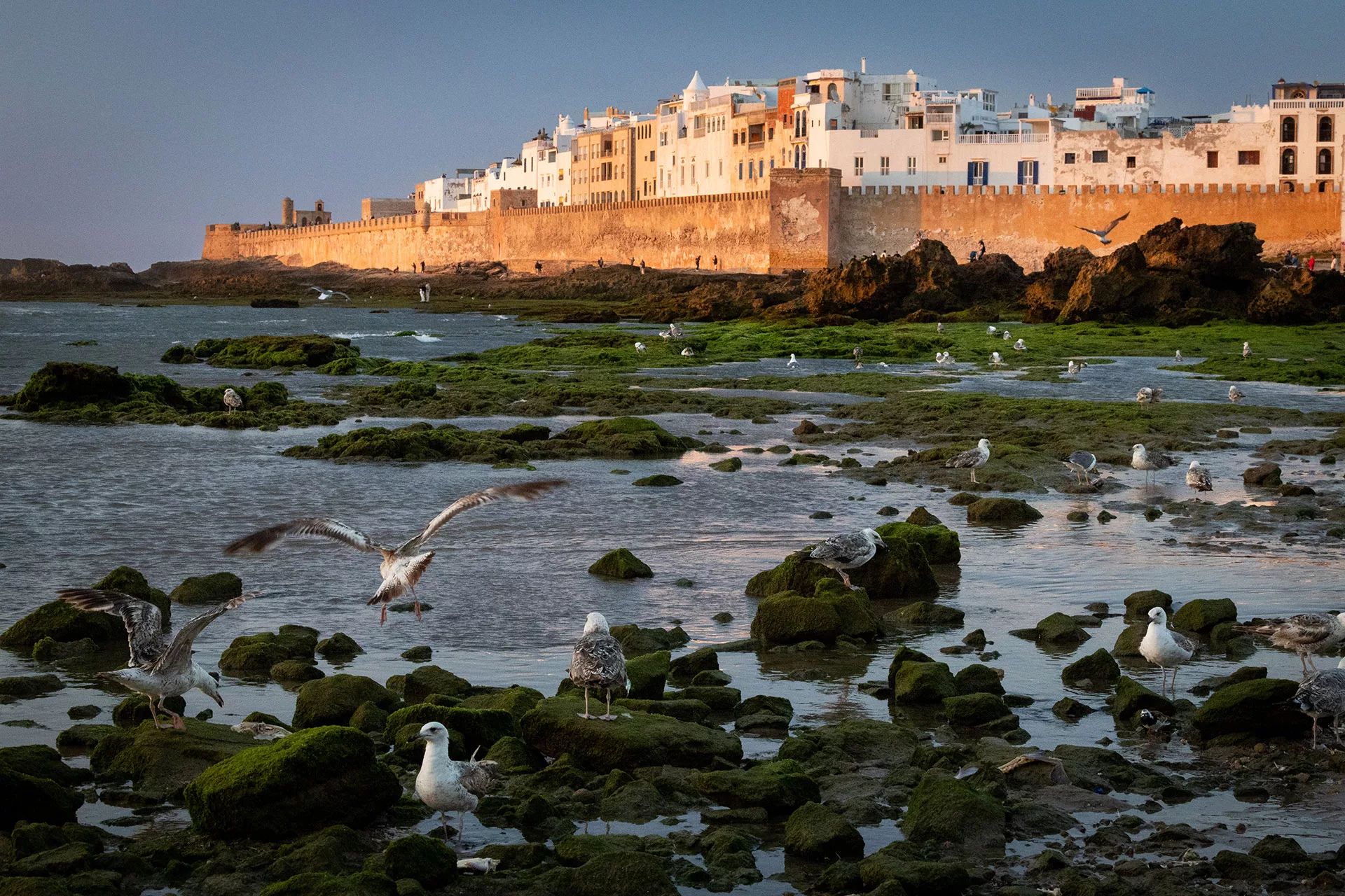 Essaouira városafala az Atlanti-óceán felől Marokkóban